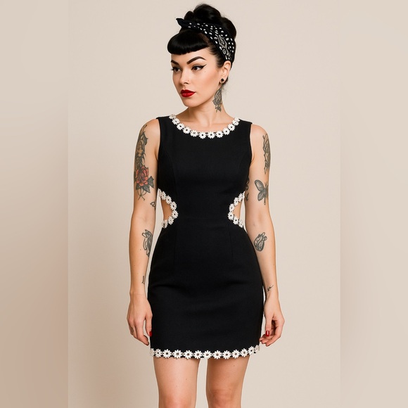 Vintage Jon McCauley Black Linen Daisy Trim Dress – Size Small - Picture 1 of 8